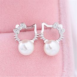 Pearl Stud Earrings For Woman Fine Jewelry Wedding Girl's Sweet Accessories Cat Silver Stud Earring