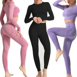 Women Seamless Sprot Set Fitness Sports Suits GYM Cloth Long Sleeve Shirts High Waist Running Leggings Workout Pants Shirts LJ201120