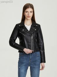 Spring Autumn Women Zippers V-neck Faux Leather Jacket Minimalist Neutral Style Black White Motorcycle Jacket PU Streetwear L220801