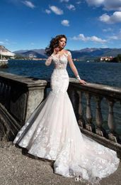 2022 Vintage Lace Mermaid Wedding Dresses Sheer Long Sleeves Applique Seen Through Back Plus Size Wedding Bridal Gowns With Buttons BA8521