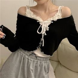 Women Long Sleeve T-shirts Lace-up Cardigan Patchwork Ruffles Trendy Sweet Lovely Crop Tops Sexy Females Coat Leisure Outwear 220407