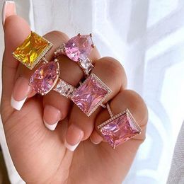Cluster Rings Luxury Fashion Iced Out Bling Water Drop Pink Pinky Baguette Cz Finger For Girls Women Charm Engagement Jewellery GiftsCluster