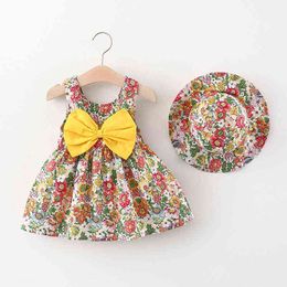 2PCS Girls Summer Dress Casual Fashion Vintage Style Floral Princess Dress Bow Children Clothing Toddler Kids Clothes Vestidos G220428