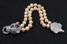 Handmade natural 2 strands 8-9mm freshwater white pink pearl bracelet micro inlay zircon leopard head accessories clasp 20cm
