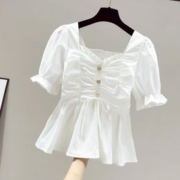 Women's Blouses & Shirts Beautiful Chiffon Blouse Buttons Decor Breathable Women Shirt Simple Square Collar TopWomen's