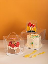Gift Wrap Transparent Birthday Cake Wedding Packaging Box Dessert Handle Plastic Including White Bottom Bracket Square BoxGift