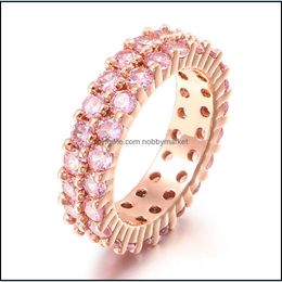 Cluster Rings Jewellery Iced 2 Row 360 Eternity Stone Micro Pave Cubic Zirconia Rose Gold Plated Simated Diamonds Hip Hop Ring For Men Women D