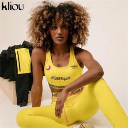 kliou women outfits skinny stretch two pieces set High elastic fitness tracksuit skinny stretch outwear slim Leggings Sportswear T200616