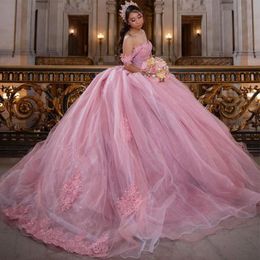 Pink Off The Shoulder Quinceanera Dresses Ball Gown Floral Appliques Lace Lace-up Back Corset For Sweet 15 Girls Party