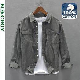 Autumn Winter Men Corduroy Pure Cotton Shirt Long Sleeve Vintage Pockets Warm Thin Grey Casual Top Workwear Gml04-C312 220322