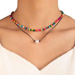 Colorful Beaded Clavicle Chain Choker Neckalce for Women Luxury Pearl Stone Multilayer Bohemin Jewelry Collar