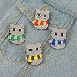 Cat Magic School Enamel Brooches Pin Custom Witchcraft Cute Kitten Striped Scarf Brooch Lapel Badge Animals Jewellery Gift for Fans Friends