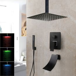 Matte Black Bathroom Shower Faucet Rainfall Tub LED Bathtub Rain Square W/ Hand Shower Head Waterfall Shower Faucet Set