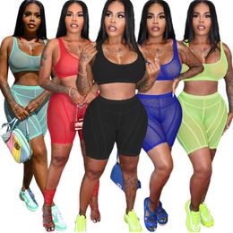 Wholesale Sexy Women Tracksuits Mesh Two Piece Sets Pullover Sleeveless Tank Top+Short Pants Sheer Outfits Club Wear See Through Suits Bulk 7386