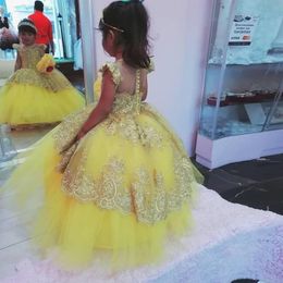 Girl's Dresses Yellow Ball Gown Flower Girl For Wedding Applique Lace Puffy Little Girls Pageant Dress First Communion GownsGirl's