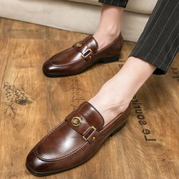Loafers Men Shoes PU Leather Round Toe Flat Brown Fashion Classic Daily European and American Metal Buckle Trend Business Dress Shoes DP279-1