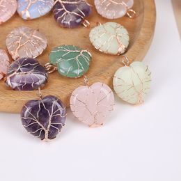 Wire Wrapped Natural Stone Heart Tree of Life charms Pendant Healing Chakra Crystal Amethyst Rose Quartz pendats For DIY Jewelry Making Necklace