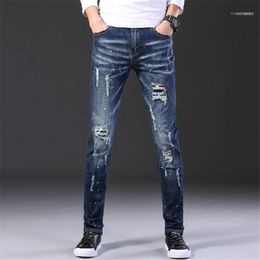 Men's Jeans 2022 Fashion Casual Mens Straight Stretch Dot Craft Little Feet Skinny Jens Men Scratched Blue Hole Denim Tide Pants,ES6861