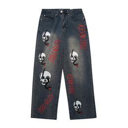 Men's Jeans Harajuku Snake Skull Letter Full Print Frayed Streetwear Retro Denim Trousers Men And Women Straight Ripped Washed PantsMen's