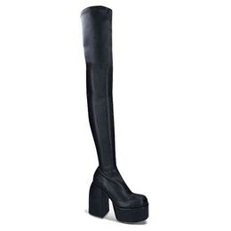 Önyükleme Roman Punk Sonbahar Kışın Elastik Mikrofiber Ayakkabı Kadın Diz Yüksek Topuk Siyah Kalın Platform Uzun 221223