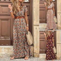 Boho Women Dress Paisley Print Large Hem Short Sleeve Slit Maxi with Belt for Work Elegant Women s Clothing 220521