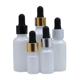Pearl White Glass Packaging Bottle Gold Silver Ring Frost Black Rubber Top Empty Cosmetic Essential Oil Dropper Filling Vials 5ml 10ml 20ml 30ml 50ml