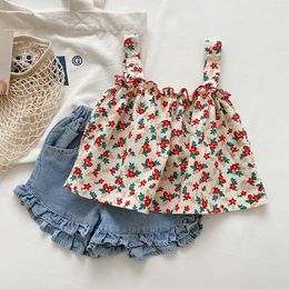 Clothing Sets 2022 Girl Floral Beach Bohemian Loose Camisole Toddler Kids Clothes Set Cotton Camis Jeans Suit Children Summer Top Outfit 1-8