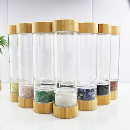 500ml Natural crystal energy stone glass water bottle crushed quartz healing crystal bottles with Bamboo Cap