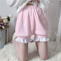 Winter Cute Lolita Girls Warm Velvet Shorts Sweet High Waist Lace Women's Plush Summer Kawaii Bloomers Pink White W220322