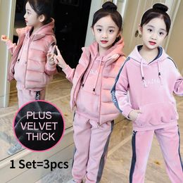 Clothing Sets Girl Set Three-piece Vest Outwear 3pcs Winter Kids Plus Velvet Thickening Pink Suit Hoodies And Pant Children Clothes