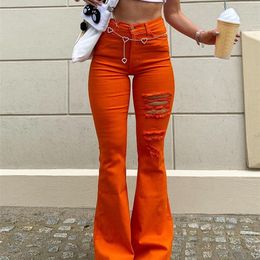 Weekeep Streetwear Women Elastic Jeans High Waist Ripped Casual Flare Denim Pants Summer Harajuku Hollow Out Korean 90s Trousers 220815