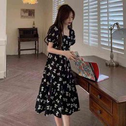 Maternity Summer Breastfeeding Clothing Restoring Ancient Ways French Style Bowknot Printed Square Collar Postpartum Woman Dress J220628