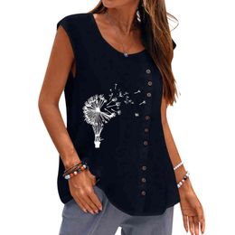 Casual Floral Print Linen Cotton Tanks Summer Casual Dandelion Printing Sleeveless Button Vest Round Neck Loose Blouse Top Tank L220706