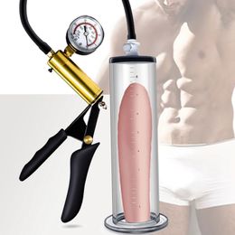 Penis Extender Vacuum Pump Enlargement Exerciser Handle Trainer Erection Male Masturbator with Pressure Gauge sexy Toys for Man