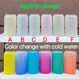 Wholesale 16oz Sublimation Cold Water Change Glass Tumbler with Bamboo lid & Plastic Straw Heat Transfer DIY water Bottle Coffee Mugs 6 Colours