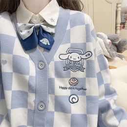 Deeptown Kawaii Plaid Cartoon Pink Sweater Cardigan Women Korean Style Harajuku Oversize Vneck Blue Jumper Female Cute Tops 220817