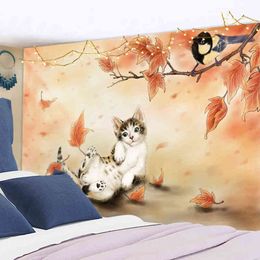 Tapestry Cartoon Cute Cat Tapestry Maple Leaves Wall Hanging For Kids Room Dorm