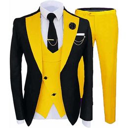Fashion Black Groom Tuxedos Yellow Notch Lapel Slim Fit Groomsmen Mens Wedding Dress Excellent Man Jacket Blazer 3 Piece Suit Jacket Pants Vest Tie 962