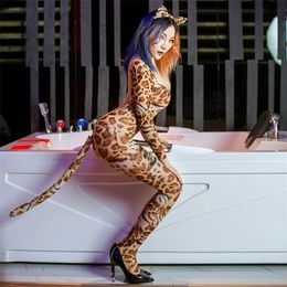 lady leopard costume UK - Sexy Open Crotch Leopard Jumpsuit Backless See Through Porn Party Lady Bodysuit Adult Sexual Fantasy Cosplay Temptation Bodysuit 220427