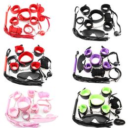 Nxy Sm Bondage 7 Pcs Set Leather Bdsm Kits Wrist Handcuffs Sex Toys Blindfold Whip Gag Tail Plug for Woman Couples Games Products 220423