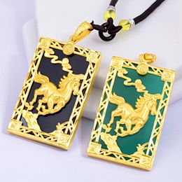 Pendant Necklaces HOYON Luxury 18K Gold Colour Horse For Men Fine Jewellery Sand Green Agate Male Wedding Engagement Gifts