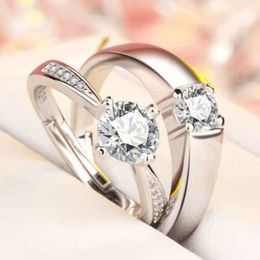 Copper Plated Platinum Resizeable Six Claws Row Drill Men Women Solid 1 Pair Couple Rings Austria Crystal 7-Shaped Opening Engagement Wedding Gift Finger Jewelry