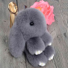 Cute Natural Rabbit Fur Pom Bunny Keychain Women Fluffy Rabbits Key Chain On Bag Car Trinket Jewellery Wedding Party Toy Gift AA220318