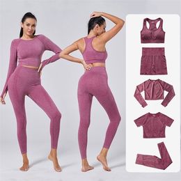 2/3/5PC Seamless Yoga Set Gym Clothing Tracksuit Long Sleeve Crop Top Sportswear High Waist Leggings Fitness Sports Suits 220326