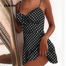 Women Summer Off Shoulder Polka Dot Print Mini Dress Elegant Tie Front V Neck Party Dress Sleeveless Spaghetti Strap Dress T200603