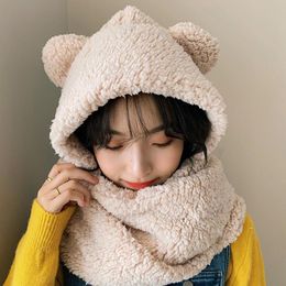 Berets Design Autumn Winter Soft Cotton Plush Cute Bear Ear Scarf Outing Warm Windbreak Youth Female Sweet Ease Match Bomber Hat