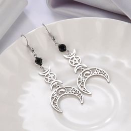 Dangle & Chandelier Dawapara Crescent Goddess Black Birthstone Stainless Steel Earrings Triple Moon Wicca Pentagram Gothic Drop EarringsDang