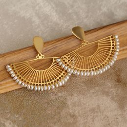 Hand Knitting Hollow Pearl Earrings Fan Shaped Body Ear Jewelry with Fresh Water Pearls for Women and Girls