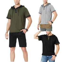 Men's T-Shirts Summer Men Fashion Solid Color Short Sleeve Slim Fit Hooded Casual Tee Shirt Pullover Top Basic Male Clothing 2022Men's