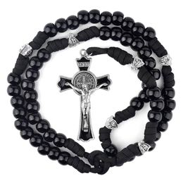 Chains Black Paracord Men Rosaries 12mm Acrylic Beads Cross Necklace For Soldier Catholic Rugged RosaryChains